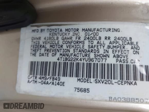 ✅ 2000 Toyota Camry LE • VIN: 4T1BG22K4YU967077 • Лот: 43550030. Опубликован ранее на IAAI с пробегом 119 323 миль. Бесплатный доступ к архиву аукционных продаж из США и подробный отчёт об истории автомобиля на DreamBid. Изображение 9.