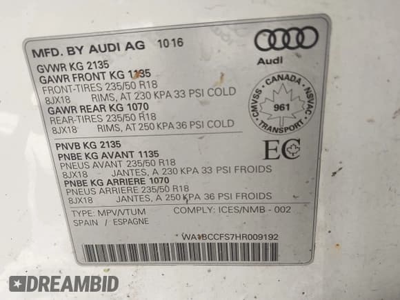 ✅ 2017 Audi Q3 Premium • VIN: WA1BCCFS7HR009192 • Lot: 42734919. Listed on IAAI with 100,100 mi. Free auction sales archive from the USA and detailed vehicle history report at DreamBid. Image 9.
