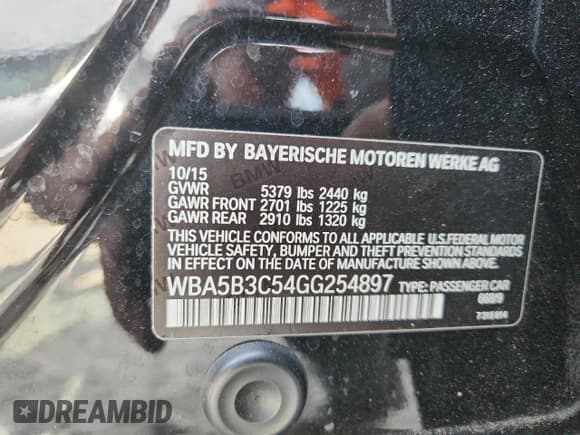 ✅ 2016 BMW 5 Series 535i xDrive • VIN: WBA5B3C54GG254897 • Lot: 87058875. Listed on Copart with 120,626 mi. Free auction sales archive from the USA and detailed vehicle history report at DreamBid. Image 12.