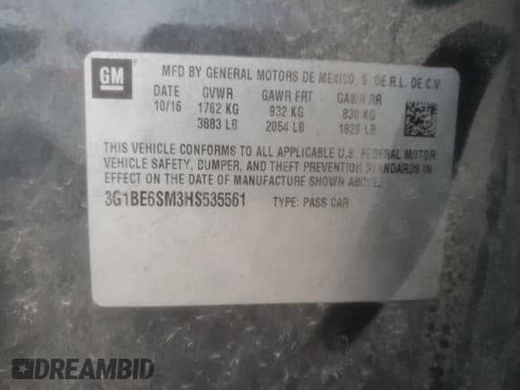 ✅ 2017 Chevrolet Cruze LT • VIN: 3G1BE6SM3HS535561 • Lot: 65760482. Listed on Copart with 74,503 mi. Free auction sales archive from the USA and detailed vehicle history report at DreamBid. Image 10.