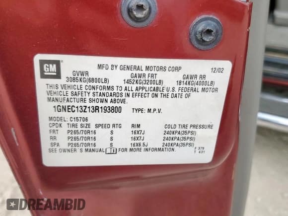 ✅ 2003 Chevrolet Tahoe LS • VIN: 1GNEC13Z13R193800 • Lot: 93153375. Listed on Copart with 215,388 mi. Free auction sales archive from the USA and detailed vehicle history report at DreamBid. Image 12.