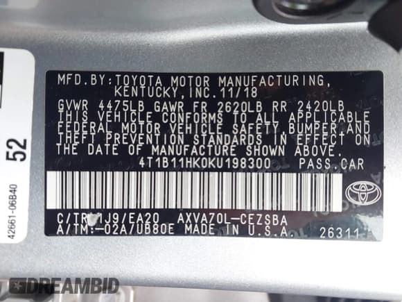 ✅ 2019 Toyota Camry SE • VIN: 4T1B11HK0KU198300 • Lot: 43047258. Listed on IAAI with 159,643 mi. Free auction sales archive from the USA and detailed vehicle history report at DreamBid. Image 9.