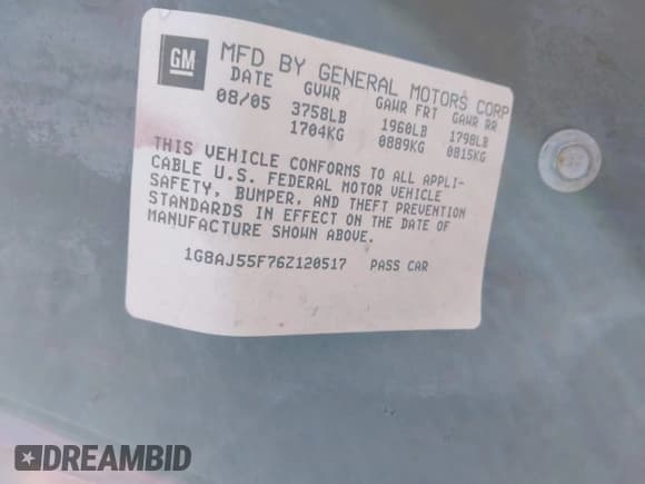 ✅ 2006 Saturn ION • VIN: 1G8AJ55F76Z120517 • Lot: 43688838. Listed on IAAI with Not provided. Free auction sales archive from the USA and detailed vehicle history report at DreamBid. Image 9.