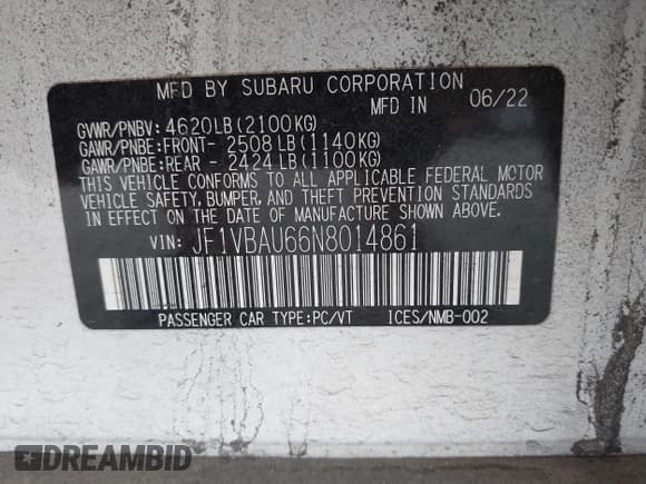 ✅ 2022 Subaru WRX GT • VIN: JF1VBAU66N8014861 • Лот: 43144117. Опубликован ранее на IAAI с пробегом 35 464 миль. Бесплатный доступ к архиву аукционных продаж из США и подробный отчёт об истории автомобиля на DreamBid. Изображение 9.