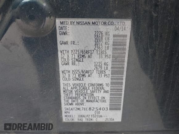 ✅ 2014 Nissan Rogue SV • VIN: 5N1AT2ML7EC825403 • Lot: 43523690. Listed on IAAI with 168,855 mi. Free auction sales archive from the USA and detailed vehicle history report at DreamBid. Image 9.