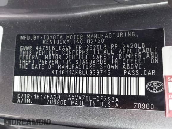 2020 Toyota Camry SE with VIN 4T1G11AK8LU939715, listed as a IAAI auction lot 43295305 with 100,539 mi miles and . Bid and sale history available at DreamBid. Image 9.