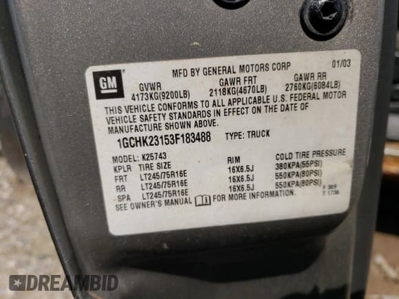 ✅ 2003 Chevrolet Silverado 2500HD LS • VIN: 1GCHK23153F183488 • Lot: 58000955. Listed on Copart with 337,101 mi. Free auction sales archive from the USA and detailed vehicle history report at DreamBid. Image 12.