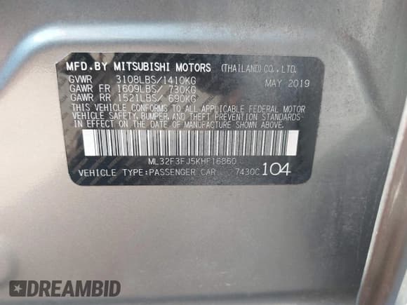 ✅ 2019 Mitsubishi Mirage ES • VIN: ML32F3FJ5KHF16860 • Lot: 43231665. Listed on IAAI with 74,067 mi. Free auction sales archive from the USA and detailed vehicle history report at DreamBid. Image 9.
