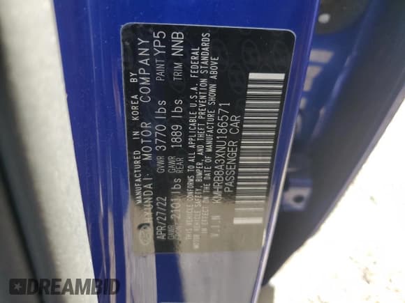 ✅ 2022 Hyundai Venue SE • VIN: KMHRB8A3XNU186571 • Lot: 56703925. Listed on Copart with 41,077 mi. Free auction sales archive from the USA and detailed vehicle history report at DreamBid. Image 13.