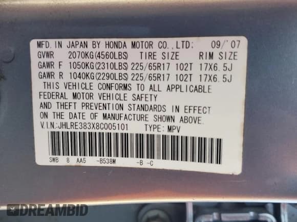 ✅ 2008 Honda CR-V LX • VIN: JHLRE383X8C005101 • Lot: 84815285. Wystawiony na Copart z przebiegiem 130 150 mil. Bezpłatny archiwum sprzedaży aukcyjnych z USA i szczegółowy raport historii pojazdu na DreamBid. Zdjęcie 14.