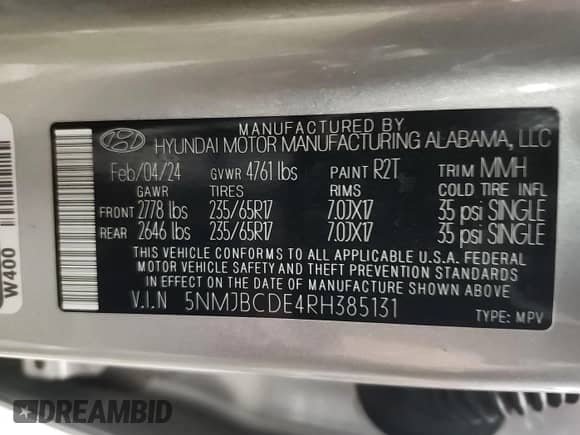2024 Hyundai Tucson SEL with VIN 5NMJBCDE4RH385131, listed as a IAAI auction lot 43067878 with 37,647 mi miles and . Bid and sale history available at DreamBid. Image 1.