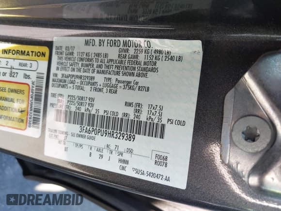 ✅ 2017 Ford Fusion SE • VIN: 3FA6P0PU9HR329389 • Lot: 43661629. Listed on IAAI with 84,761 mi. Free auction sales archive from the USA and detailed vehicle history report at DreamBid. Image 9.