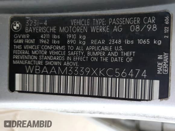1999 BMW 3 Series 323i z VIN WBAAM3339XKC56474, wystawiony jako Copart lot #66733905 z przebiegiem 214 890 mil mil oraz Szkoda całkowita • Salvage title. Historia ofert i sprzedaży dostępna na DreamBid. Obrazek 12.