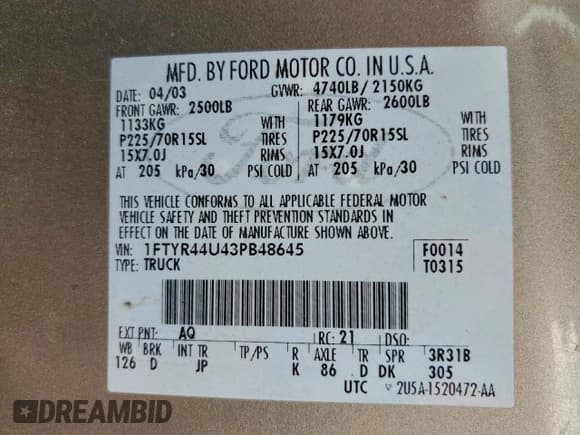 ✅ 2003 Ford Ranger XL Fleet • VIN: 1FTYR44U43PB48645 • Lot: 94678965. Listed on Copart with 203,163 mi. Free auction sales archive from the USA and detailed vehicle history report at DreamBid. Image 12.