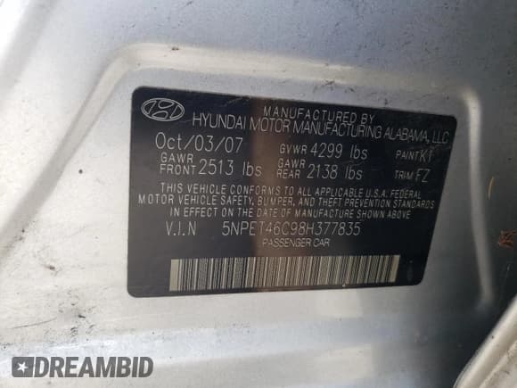 ✅ 2008 Hyundai Sonata GLS • VIN: 5NPET46C98H377835 • Лот: 77088704. Опубликован ранее на Copart с пробегом Не указан. Бесплатный доступ к архиву аукционных продаж из США и подробный отчёт об истории автомобиля на DreamBid. Изображение 13.