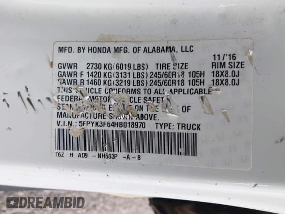 ✅ 2017 Honda Ridgeline RTL-T • VIN: 5FPYK3F64HB018970 • Lot: 41467427. Listed on IAAI with 235,175 mi. Free auction sales archive from the USA and detailed vehicle history report at DreamBid. Image 9.