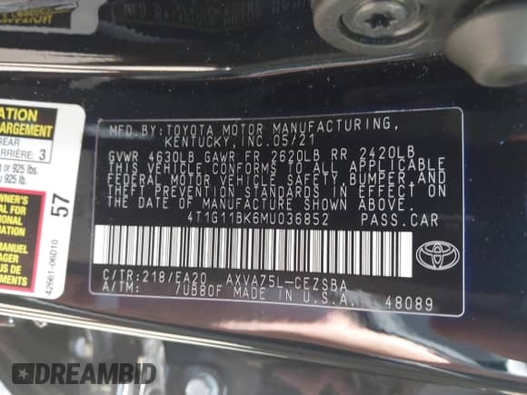 2021 Toyota Camry SE with VIN 4T1G11BK6MU036852, listed as a IAAI auction lot 42590115 with 79,752 mi miles and . Bid and sale history available at DreamBid. Image 9.