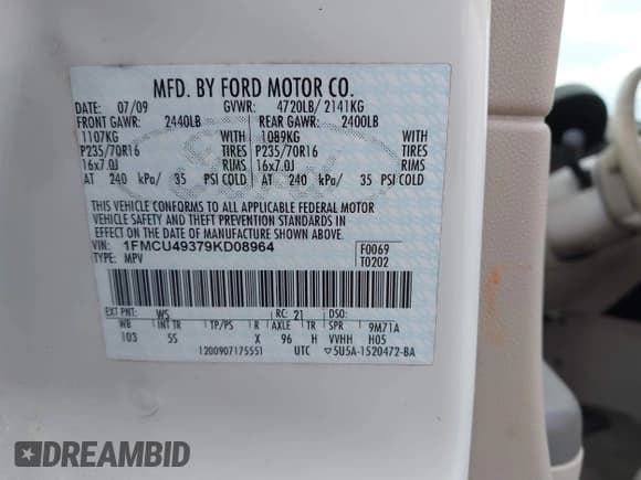 ✅ 2009 Ford Escape Hybrid • VIN: 1FMCU49379KD08964 • Lot: 42064656. Listed on IAAI with 133,536 mi. Free auction sales archive from the USA and detailed vehicle history report at DreamBid. Image 9.