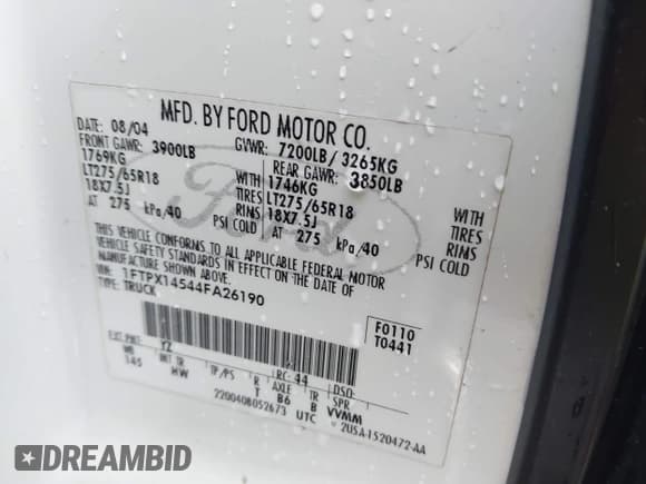 ✅ 2004 Ford F-150 XLT • VIN: 1FTPX14544FA26190 • Lot: 42532807. Listed on IAAI with 176,069 mi. Free auction sales archive from the USA and detailed vehicle history report at DreamBid. Image 9.