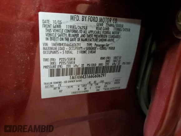 ✅ 2006 Mercury Montego Premier • VIN: 1MEHM43166G606291 • Lot: 78663794. Listed on Copart with 217,133 mi. Free auction sales archive from the USA and detailed vehicle history report at DreamBid. Image 12.