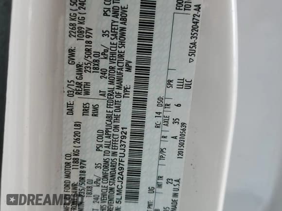 ✅ 2015 Lincoln MKC • VIN: 5LMCJ2A97FUJ37921 • Lot: 59658025. Listed on Copart with 135,741 mi. Free auction sales archive from the USA and detailed vehicle history report at DreamBid. Image 13.