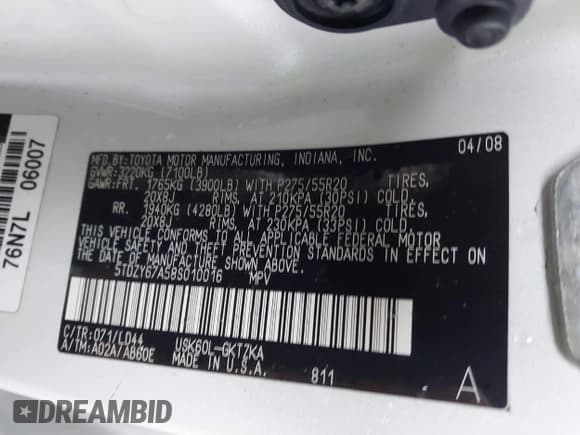 ✅ 2008 Toyota Sequoia Platinum • VIN: 5TDZY67A58S010016 • Lot: 42259011. Listed on IAAI with Not provided. Free auction sales archive from the USA and detailed vehicle history report at DreamBid. Image 9.