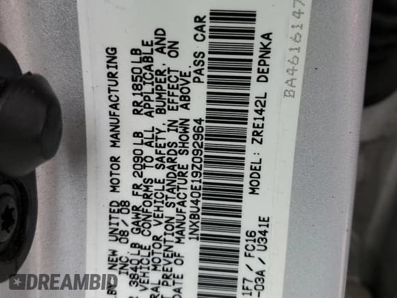 ✅ 2009 Toyota Corolla • VIN: 1NXBU40E19Z092964 • Lot: 82750265. Wystawiony na Copart z przebiegiem 179 376 mil. Bezpłatny archiwum sprzedaży aukcyjnych z USA i szczegółowy raport historii pojazdu na DreamBid. Zdjęcie 12.