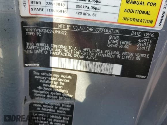 ✅ 2011 Volvo C70 • VIN: YV1672MC2BJ114322 • Lot: 67857615. Listed on Copart with 107,582 mi. Free auction sales archive from the USA and detailed vehicle history report at DreamBid. Image 12.