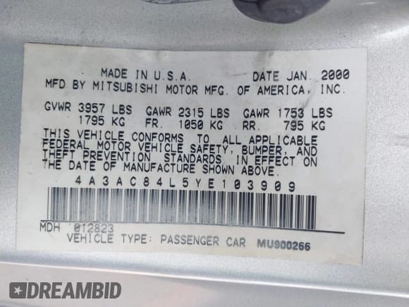 ✅ 2000 Mitsubishi Eclipse GT • VIN: 4A3AC84L5YE103909 • Lot: 42425327. Listed on IAAI with 112,940 mi. Free auction sales archive from the USA and detailed vehicle history report at DreamBid. Image 9.