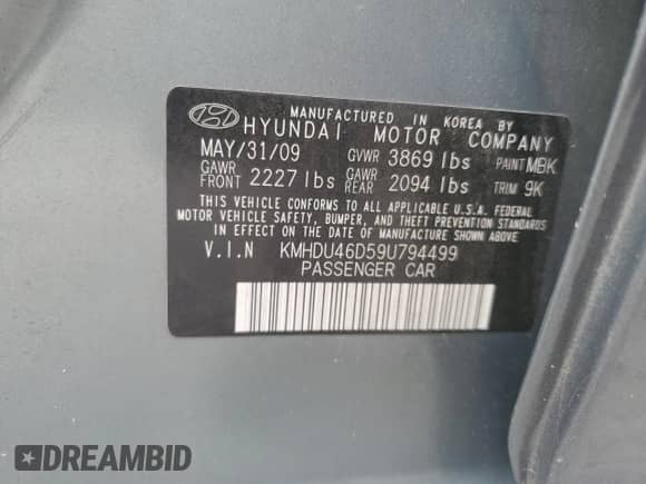 2009 Hyundai Elantra GLS z VIN KMHDU46D59U794499, wystawiony jako Copart lot #72417704 z przebiegiem 61 473 mil mil oraz Szkoda całkowita • Salvage title. Historia ofert i sprzedaży dostępna na DreamBid. Obrazek 12.