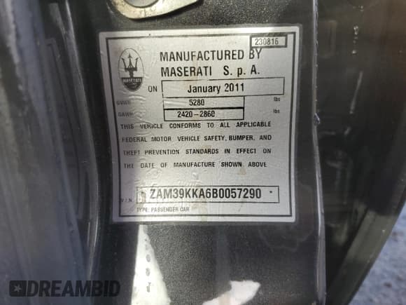 ✅ 2011 Maserati Quattroporte • VIN: ZAM39KKA6B0057290 • Lot: 51776425. Listed on Copart with 71,213 mi. Free auction sales archive from the USA and detailed vehicle history report at DreamBid. Image 13.