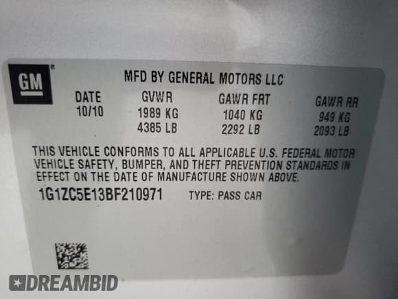 ✅ 2011 Chevrolet Malibu 1LT • VIN: 1G1ZC5E13BF210971 • Lot: 69944904. Listed on Copart with Not provided. Free auction sales archive from the USA and detailed vehicle history report at DreamBid. Image 12.