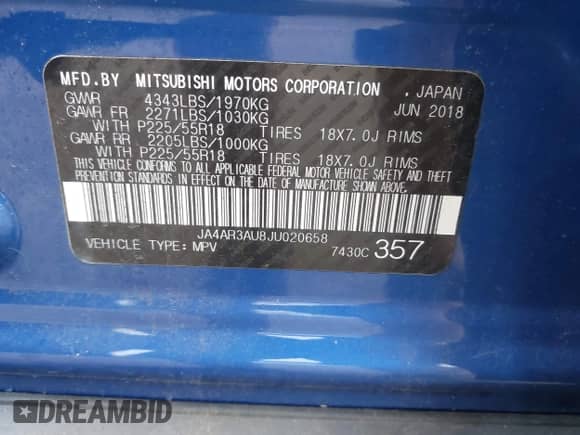 2018 Mitsubishi Outlander ES with VIN JA4AR3AU8JU020658, listed as a IAAI auction lot 43291979 with 83,039 mi miles and . Bid and sale history available at DreamBid. Image 9.