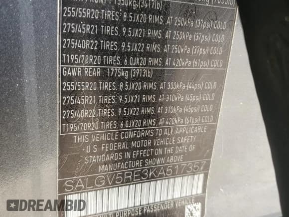 ✅ 2019 Land Rover Range Rover • VIN: SALGV5RE3KA517357 • Lot: 80725585. Listed on Copart with 81,297 mi. Free auction sales archive from the USA and detailed vehicle history report at DreamBid. Image 13.