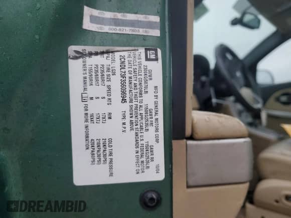 2005 Chevrolet Equinox LT с VIN 2CNDL73F356096945, выставлен на аукционе Copart как лот 72594144 с пробегом 114 319 миль миль и Списание • Salvage title. История ставок и продаж доступна на DreamBid. Изображение 12.