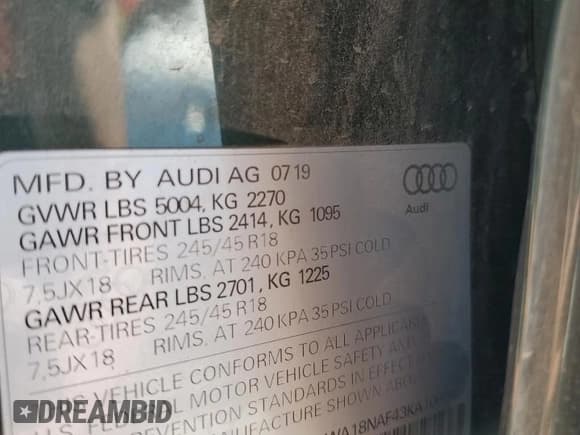 ✅ 2019 Audi A4 allroad Premium Plus • VIN: WA18NAF43KA106048 • Lot: 53969145. Listed on Copart with 82,911 mi. Free auction sales archive from the USA and detailed vehicle history report at DreamBid. Image 12.