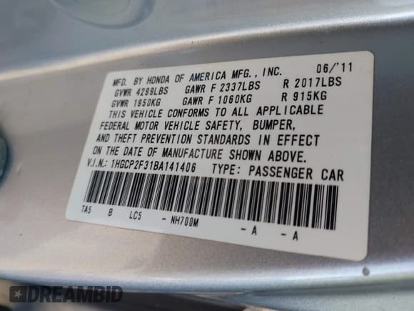 ✅ 2011 Honda Accord LX • VIN: 1HGCP2F31BA141406 • Lot: 43632382. Listed on IAAI with 216,166 mi. Free auction sales archive from the USA and detailed vehicle history report at DreamBid. Image 9.