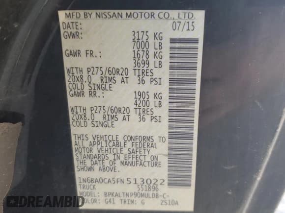 ✅ 2015 Nissan Titan SV • VIN: 1N6BA0CA5FN513022 • Lot: 84386745. Listed on Copart with Not provided. Free auction sales archive from the USA and detailed vehicle history report at DreamBid. Image 12.