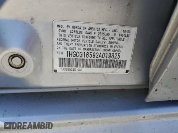 2002 Honda Accord EX с VIN 1HGCG16592A019825, выставлен на аукционе Copart как лот 81120885 с пробегом 172 452 миль миль и Списание • Salvage title. История ставок и продаж доступна на DreamBid. Изображение 12.