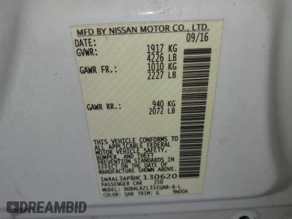 ✅ 2017 Nissan Altima SL • VIN: 1N4AL3AP8HC130620 • Lot: 42861463. Listed on IAAI with 146,857 mi. Free auction sales archive from the USA and detailed vehicle history report at DreamBid. Image 9.