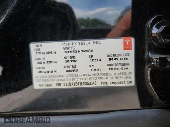 ✅ 2020 Tesla Model S Performance • VIN: 5YJSA1E41LF353540 • Lot: 58983754. Wystawiony na Copart z przebiegiem 35 502 mil. Bezpłatny archiwum sprzedaży aukcyjnych z USA i szczegółowy raport historii pojazdu na DreamBid. Zdjęcie 12.
