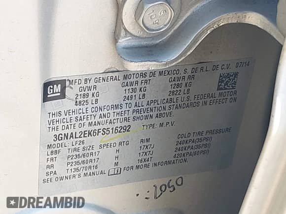 2015 Chevrolet Captiva Sport LS with VIN 3GNAL2EK6FS516292, listed as a IAAI auction lot 42795711 with 146,245 mi miles and . Bid and sale history available at DreamBid. Image 9.