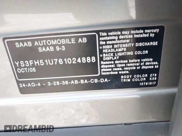 ✅ 2006 Saab 9-3 • VIN: YS3FH51U761024888 • Lot: 42457438. Listed on IAAI with 126,701 mi. Free auction sales archive from the USA and detailed vehicle history report at DreamBid. Image 9.