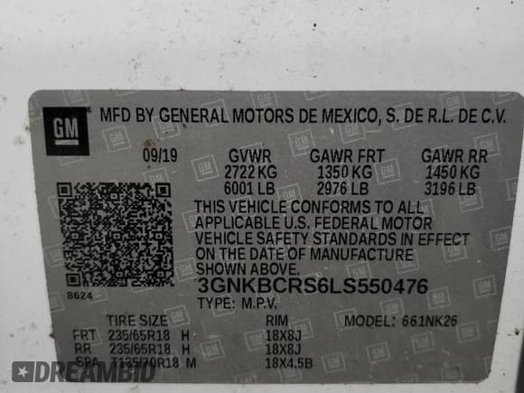 ✅ 2020 Chevrolet Blazer LT • VIN: 3GNKBCRS6LS550476 • Lot: 83957745. Listed on Copart with 117,697 mi. Free auction sales archive from the USA and detailed vehicle history report at DreamBid. Image 13.