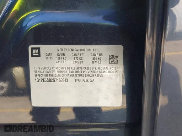 2016 Chevrolet Cruze LT with VIN 1G1PE5SB2G7168843, listed as a IAAI auction lot 43378901 with 116,952 mi miles and . Bid and sale history available at DreamBid. Image 9.