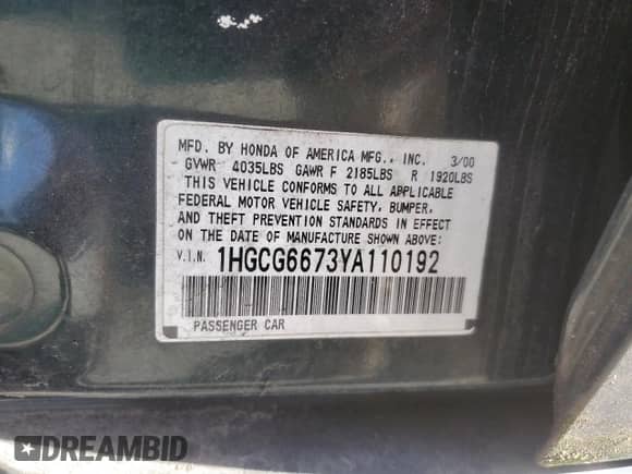 2000 Honda Accord EX с VIN 1HGCG6673YA110192, выставлен на аукционе Copart как лот 68926755 с пробегом 214 551 миль миль и Списание • Salvage title. История ставок и продаж доступна на DreamBid. Изображение 12.