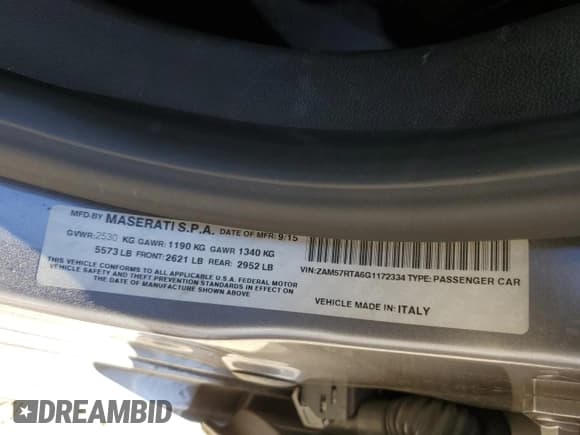 ✅ 2016 Maserati Ghibli S Q4 • VIN: ZAM57RTA6G1172334 • Lot: 85338024. Listed on Copart with 109,516 mi. Free auction sales archive from the USA and detailed vehicle history report at DreamBid. Image 12.