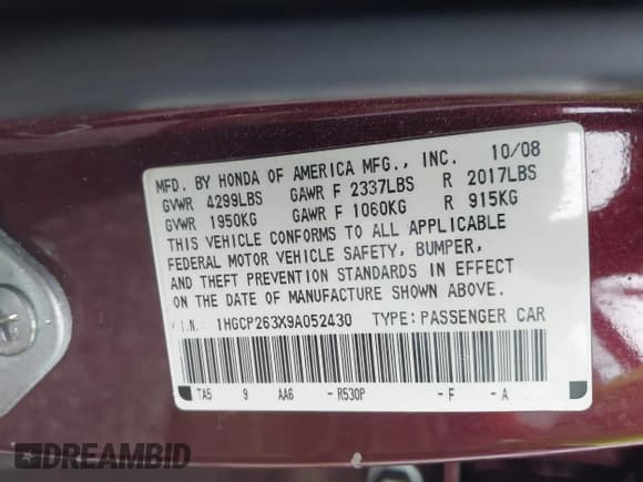 ✅ 2009 Honda Accord LX • VIN: 1HGCP263X9A052430 • Lot: 43798233. Wystawiony na IAAI z przebiegiem 216 504 mil. Bezpłatny archiwum sprzedaży aukcyjnych z USA i szczegółowy raport historii pojazdu na DreamBid. Zdjęcie 9.