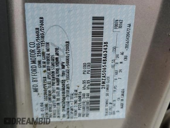 ✅ 2004 Ford Freestar S • VIN: 2FMZA50654BA63438 • Lot: 56187425. Listed on Copart with 291,774 mi. Free auction sales archive from the USA and detailed vehicle history report at DreamBid. Image 13.