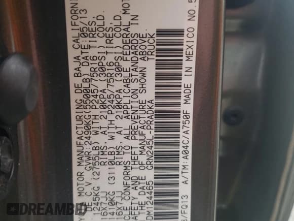 ✅ 2013 Toyota Tacoma • VIN: 3TMLU4EN4DM124465 • Lot: 58167135. Listed on Copart with 116,098 mi. Free auction sales archive from the USA and detailed vehicle history report at DreamBid. Image 12.